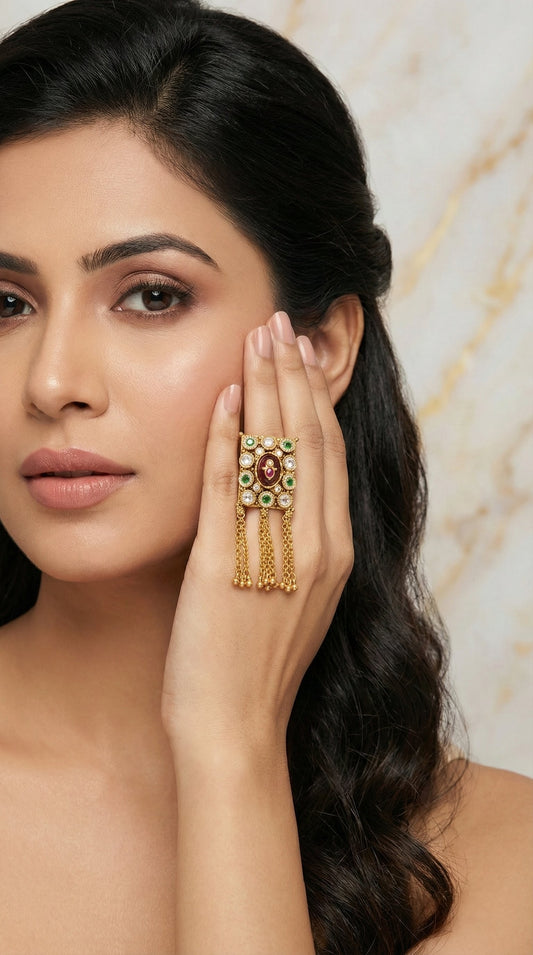 Detailed craftsmanship close up view of Varsha Heritage Swaroski Finger Ring