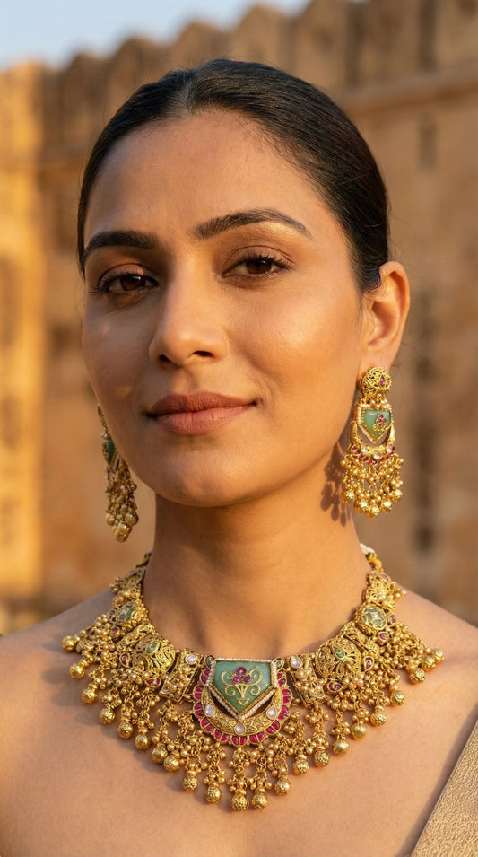 Detailed craftsmanship close up view of Mahima Antique Gold Look Heritage Necklace Set