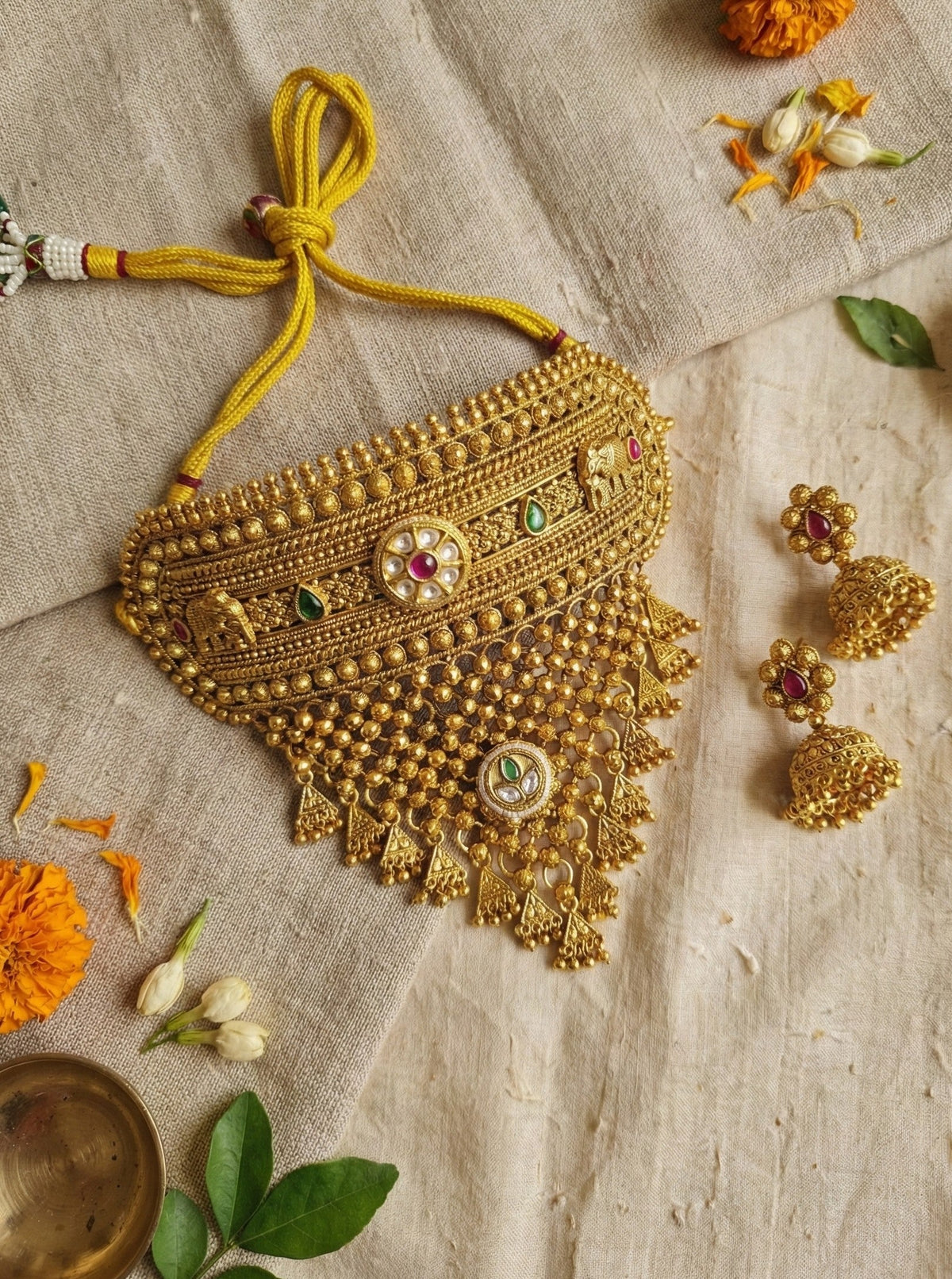 Rajwadi bridal necklace set with antique gold look choker jewellery