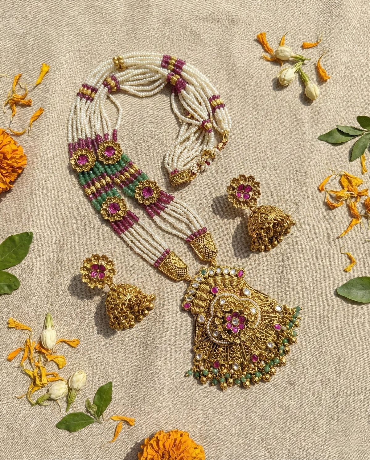 Bridal long necklace set with Rajwadi ethnic jewellery styling