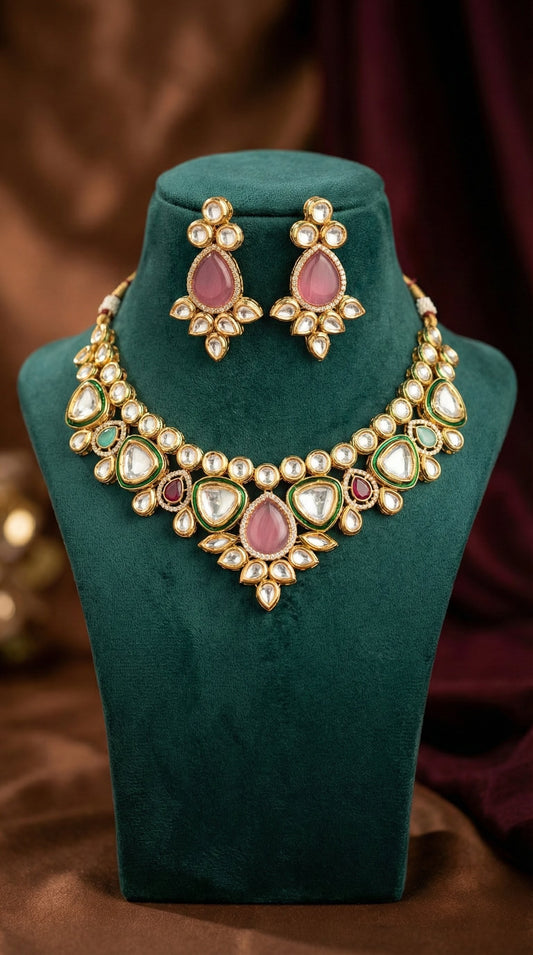 Detailed craftsmanship close up view of Kashvi Premium Kundan Necklace