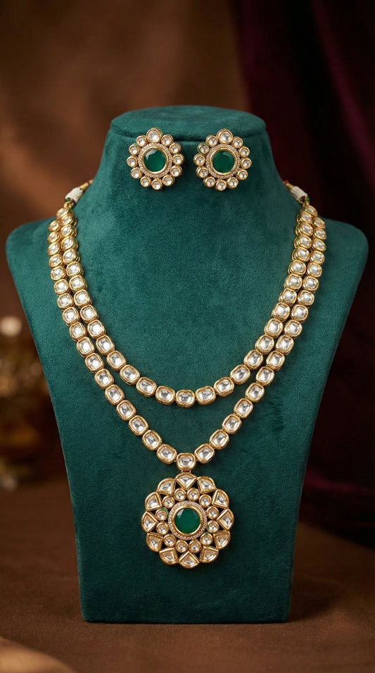 Detailed craftsmanship close up view of Lekha Premium Kundan Necklace