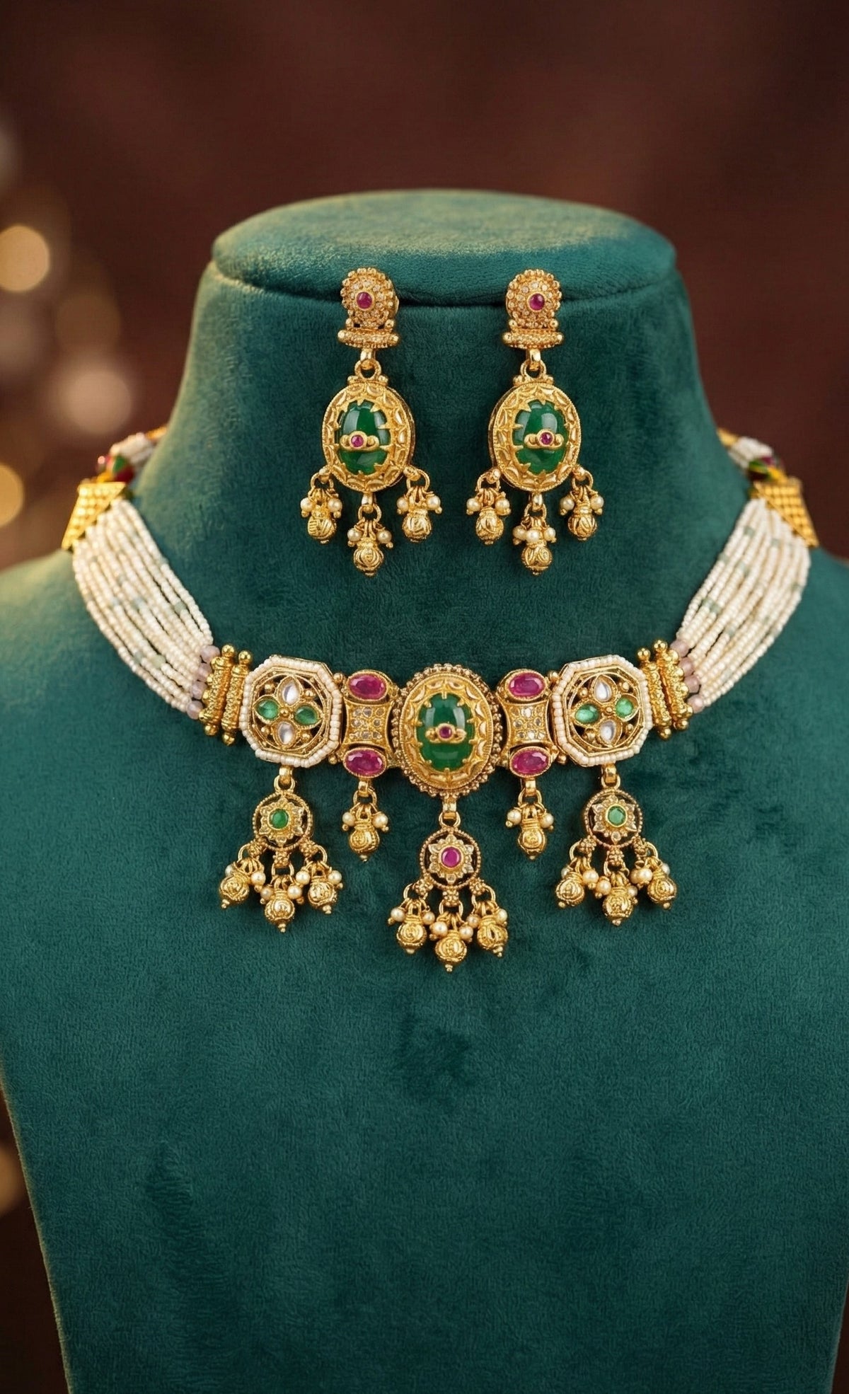 Detailed craftsmanship close up view of Arohi Heritage Choker Necklace