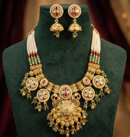 Detailed craftsmanship close up view of Kamini Antique Gold Necklace Set
