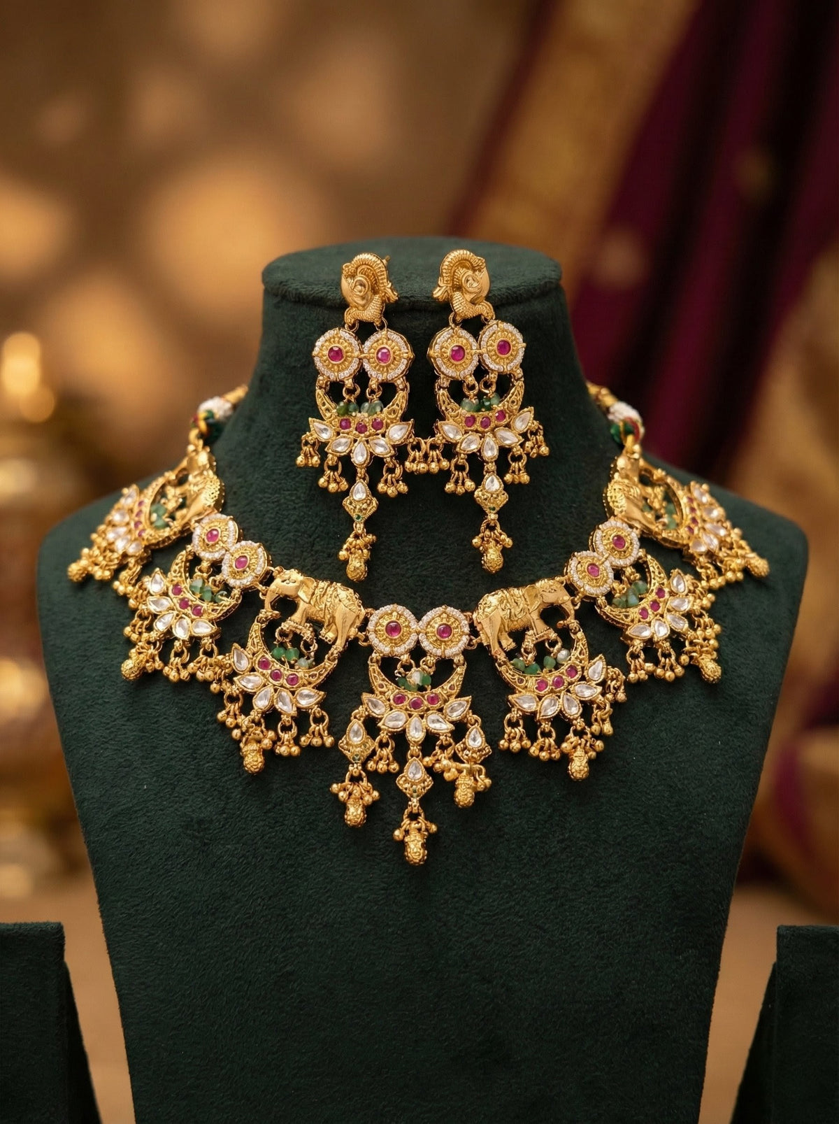 Detailed craftsmanship close up view of Subhadra Heritage Elephant Necklace
