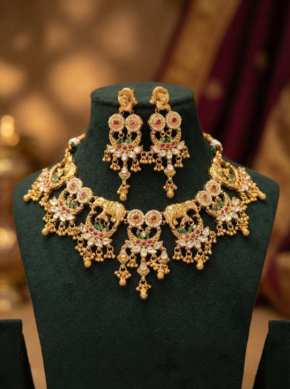 Detailed craftsmanship close up view of Subhadra Heritage Elephant Necklace