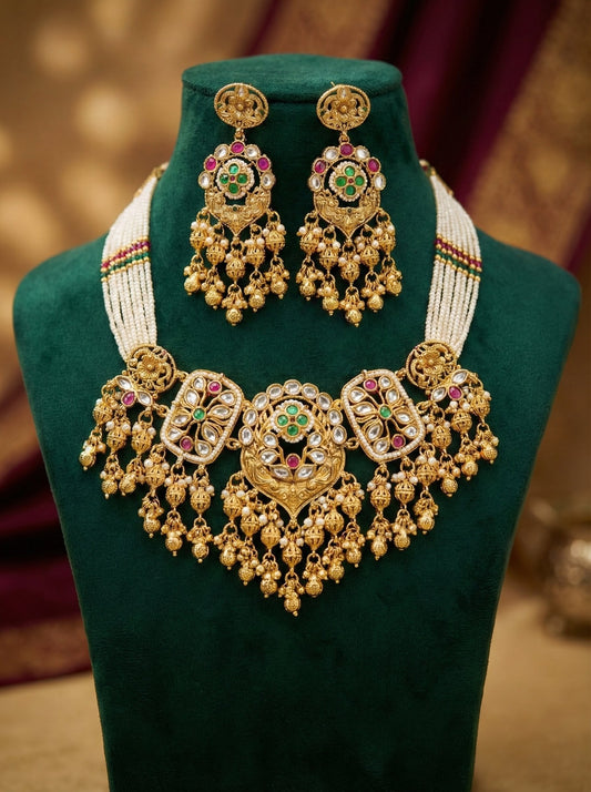Detailed craftsmanship close up view of Vaani Heritage Antique Necklace