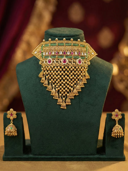Detailed craftsmanship close up view of Isha Premium Gold look Choker Necklace