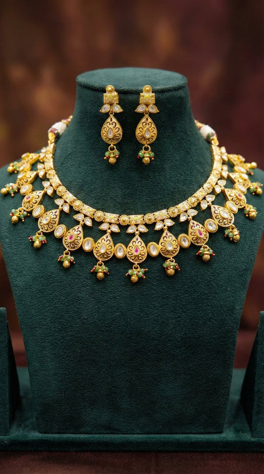 Detailed craftsmanship close up view of Shikha Gold Look Heritage Necklace Set