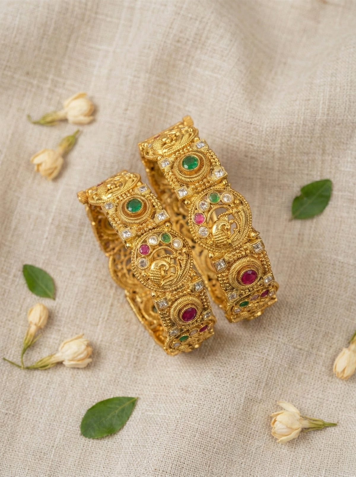 Detailed craftsmanship close up view of Rama Peacock Antique Bangles (Openable)