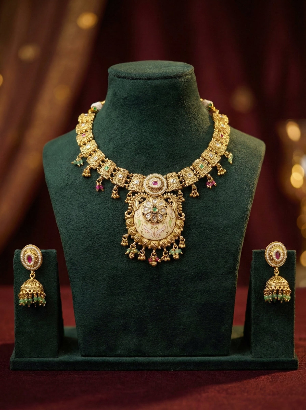 Detailed craftsmanship close up view of Prabha Gold Look Necklace set