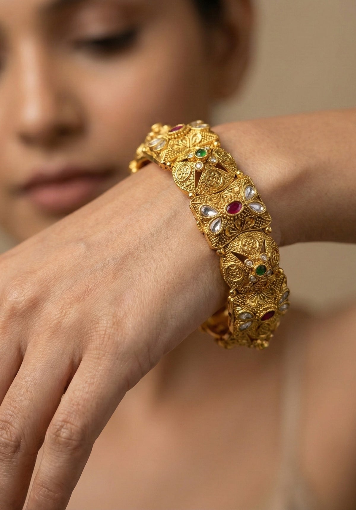 Detailed craftsmanship close up view of Megha Antique Rajwadi Bangles (Openable)