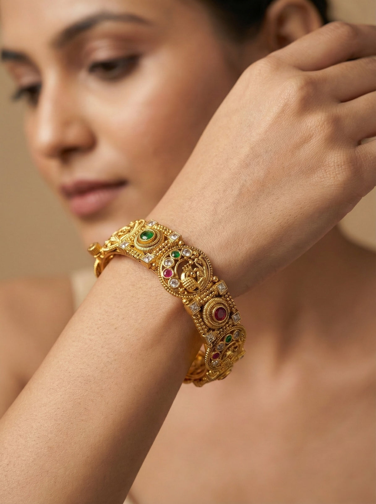 Alternate styling layout profile of Rama Peacock Antique Bangles (Openable)