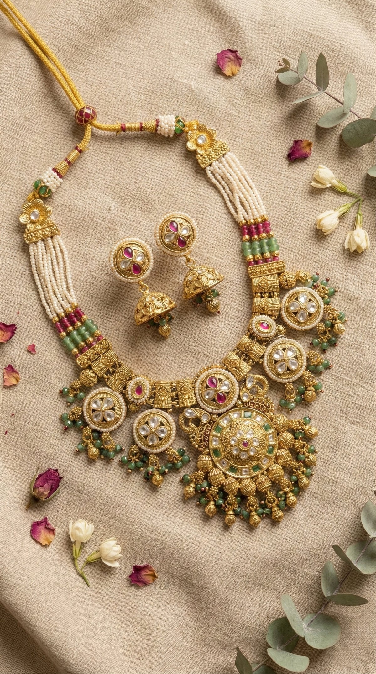 Main display view of the traditional Kamini Antique Gold Necklace Set