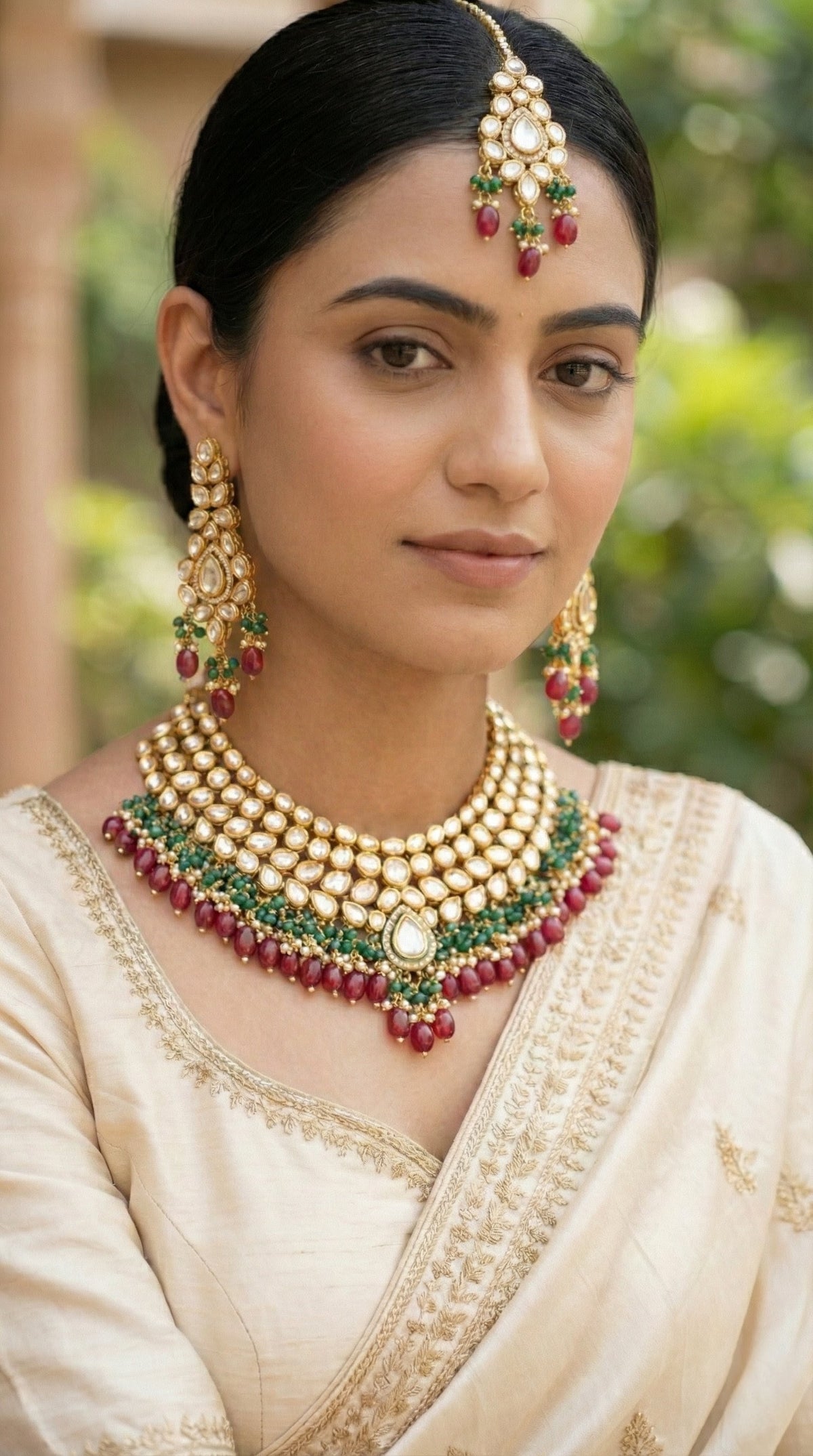 Alternate styling layout profile of Vasudha Premium Kundan Necklace with Maang Tika