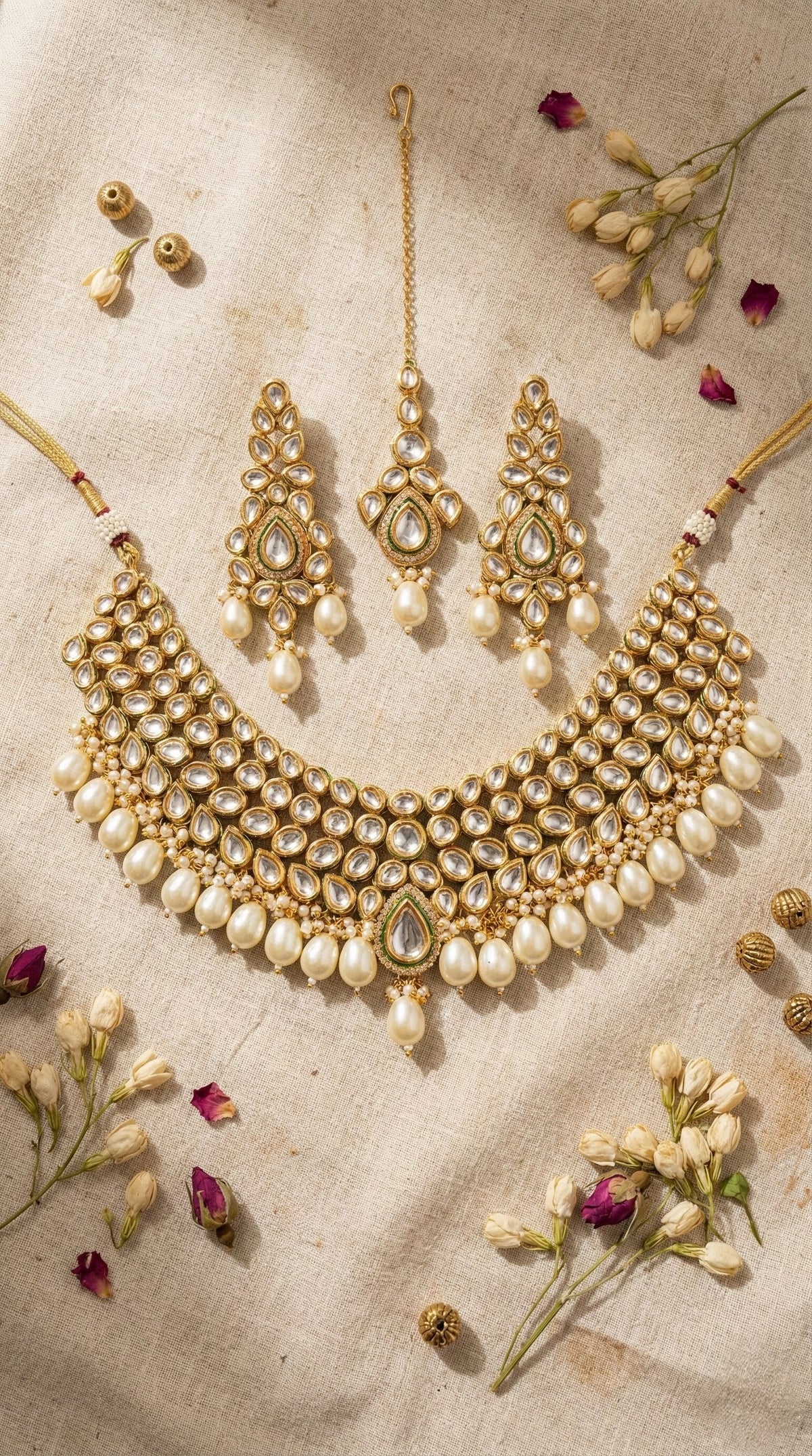 Main display view of the traditional Nitya Premium Kundan Necklace With Maang Tika