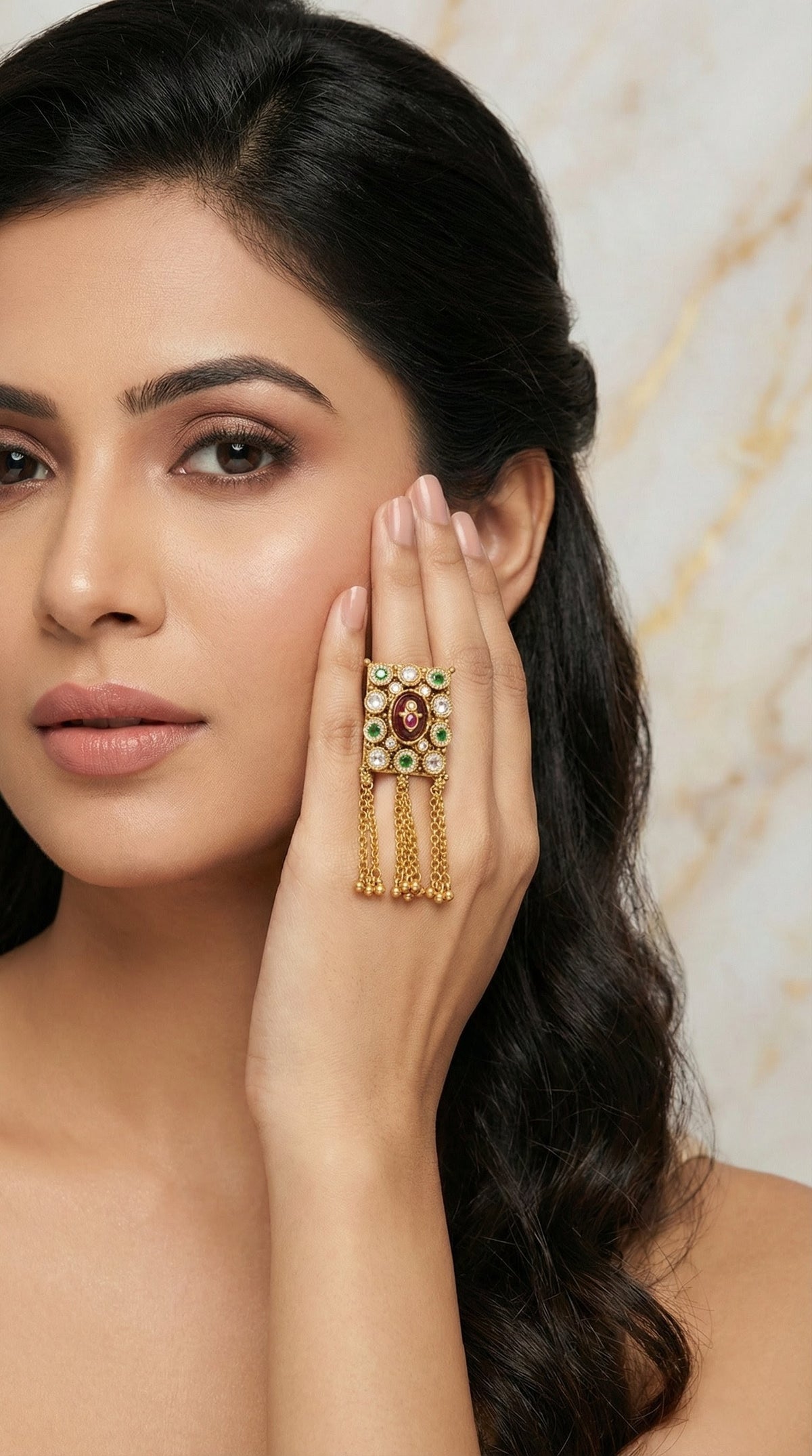 Detailed craftsmanship close up view of Varsha Heritage Swaroski Finger Ring