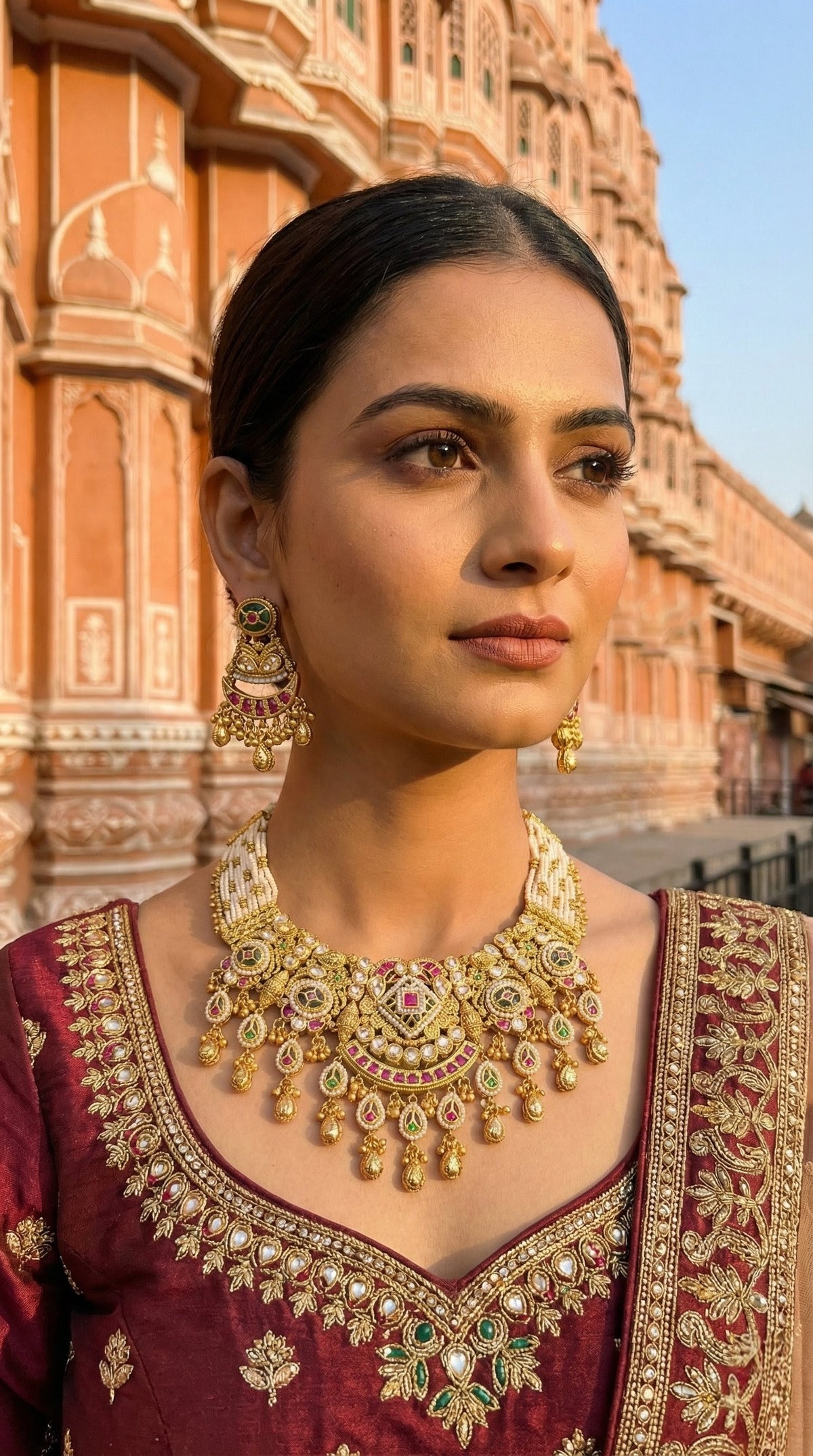 Alternate styling layout profile of Mahima Antique Gold Look Heritage Necklace Set
