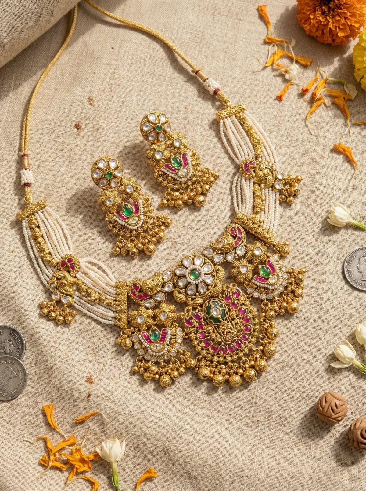 Main display view of the traditional Bindiya Gold Look Heritage Necklace Set