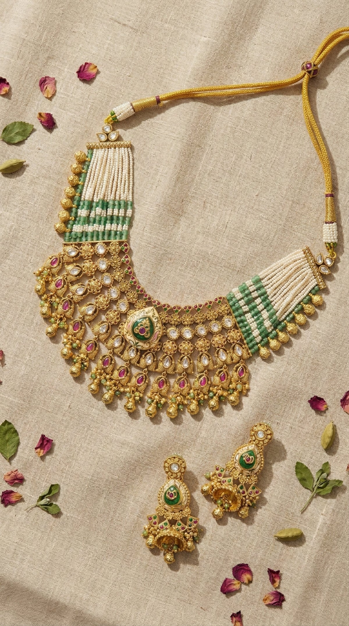 Main display view of the traditional Kalindi Real Gold Look Heritage Necklace Set
