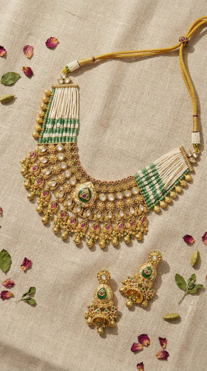 Main display view of the traditional Kalindi Real Gold Look Heritage Necklace Set
