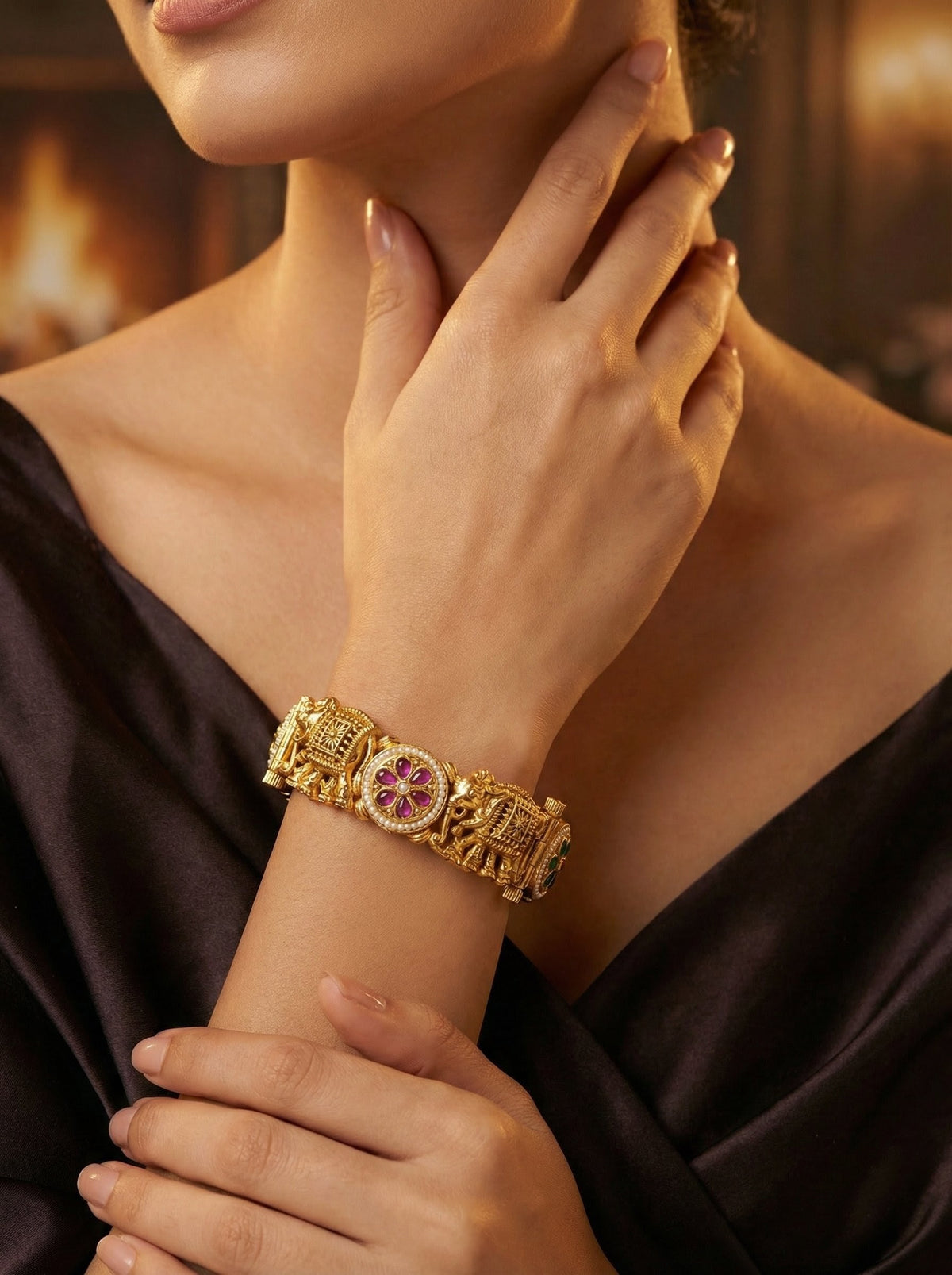 Detailed craftsmanship close up view of Shalini Elephant Rajwadi Bangles (Openable)
