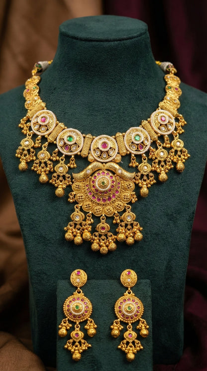 Detailed craftsmanship close up view of Janaki Rajwadi Gold Look Heritage Necklace Set