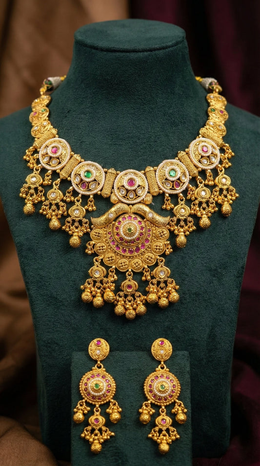 Detailed craftsmanship close up view of Janaki Rajwadi Gold Look Heritage Necklace Set