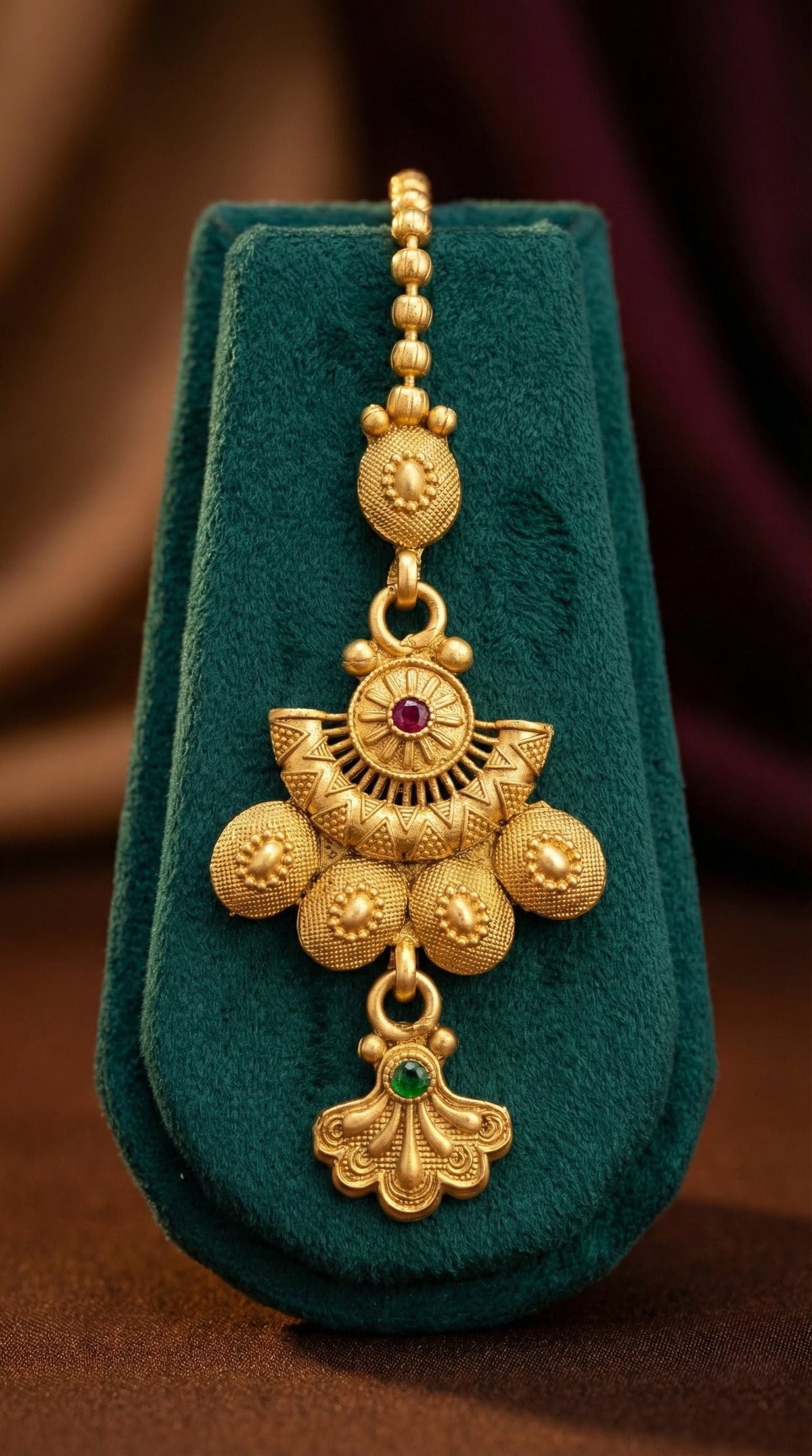 Detailed craftsmanship close up view of Nitya Elegant Rajwadi Maangtika