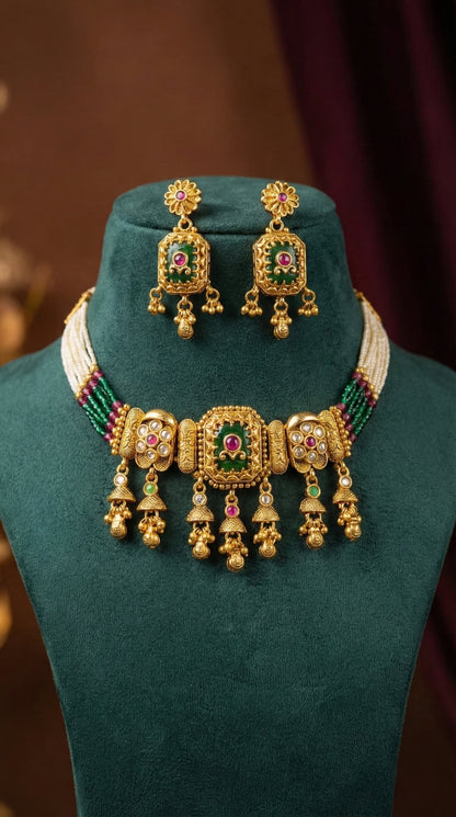 Detailed craftsmanship close up view of Rashmika Premium Quality Heritage Choker Set