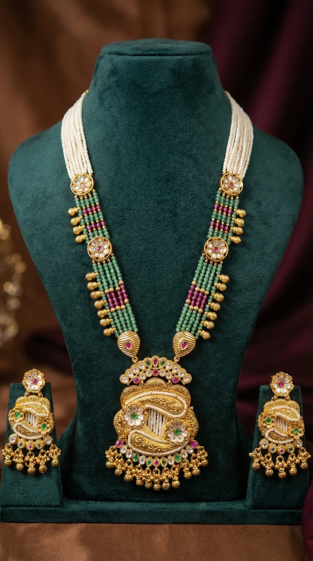 Nalima Heritage look longset necklace styled on a premium bridal mannequin
