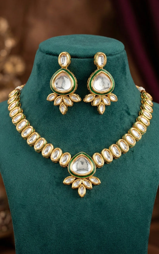 Detailed craftsmanship close up view of Charvi Premium Kundan Necklace