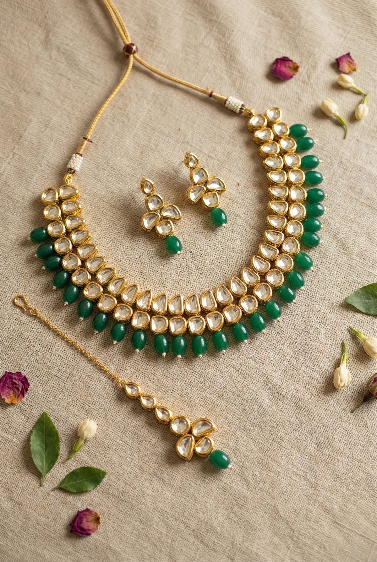 Main display view of the traditional Anika Premium Kundan Necklace with Maang Tika