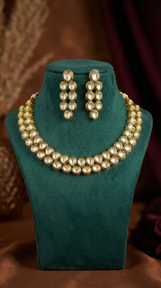 Detailed craftsmanship close up view of Veda Premium Kundan Necklace