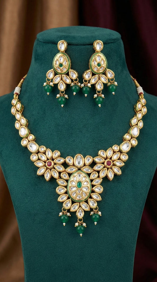 Detailed craftsmanship close up view of Brinda Premium Kundan Necklace