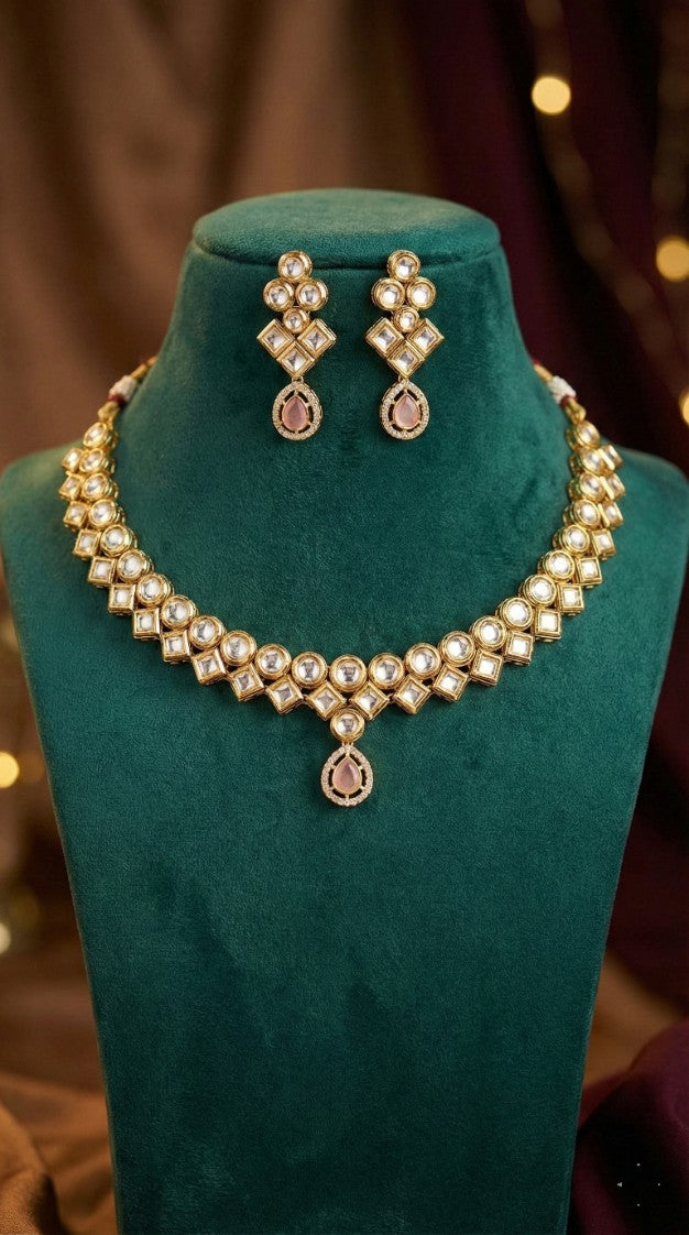 Detailed craftsmanship close up view of Ekta Premium Kundan Necklace