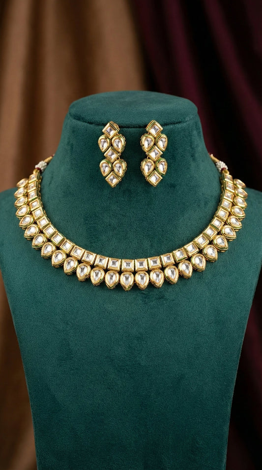 Detailed craftsmanship close up view of Myra Premium Kundan Necklace