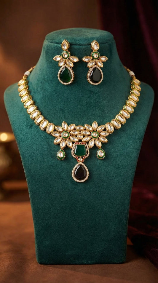 Detailed craftsmanship close up view of Mahika Premium Kundan Necklace