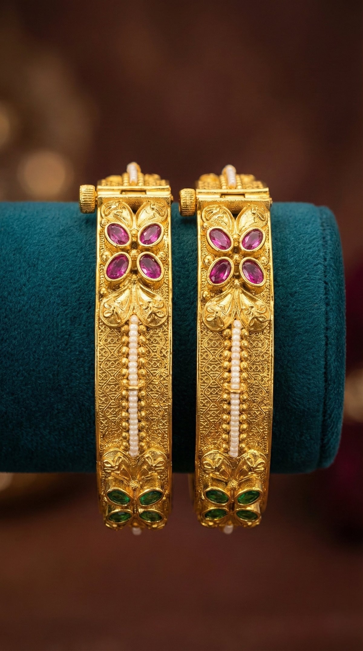 Detailed craftsmanship close up view of Priti Pearl Antique Bangles (Openable)