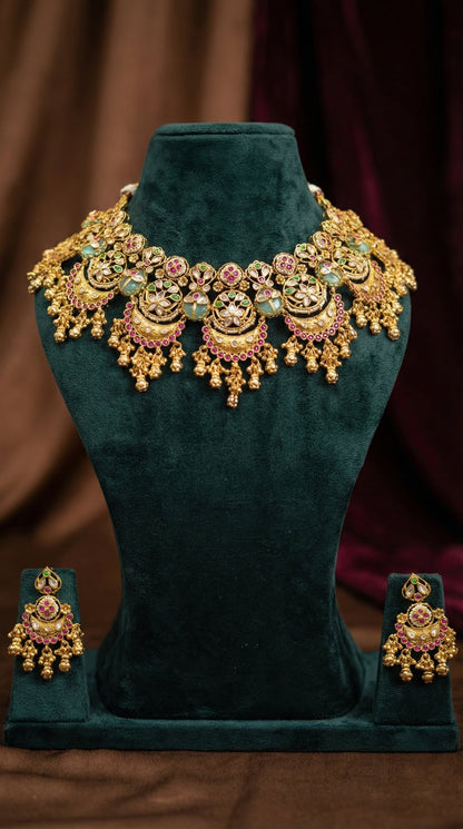 Detailed craftsmanship close up view of Paloma Heritage Golden look Necklace Set