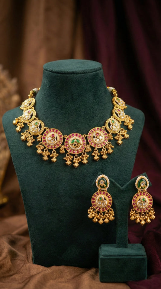 Detailed craftsmanship close up view of Ruchika Antique Gold Look Necklace