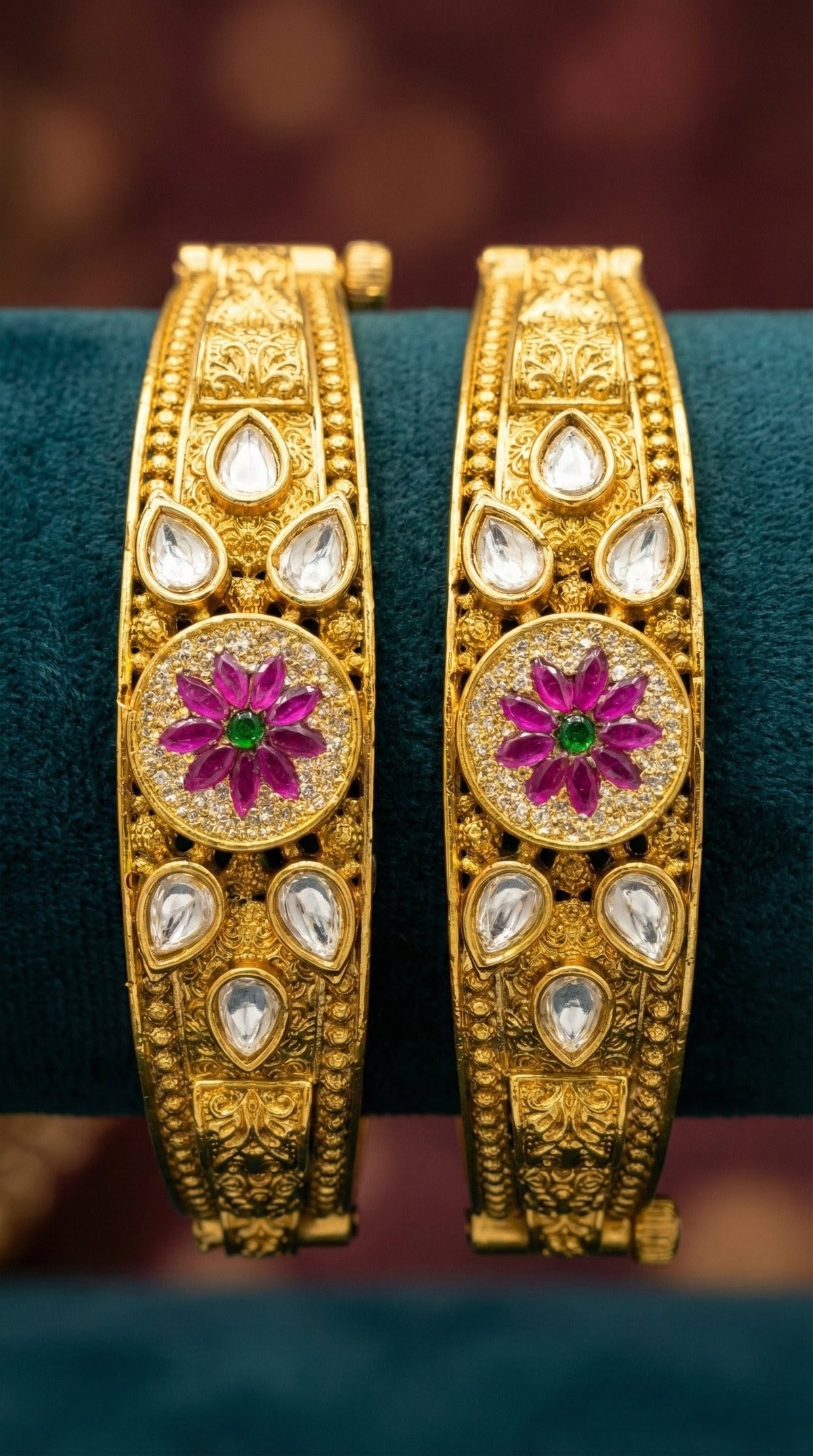 Detailed craftsmanship close up view of Varsha Rajwadi Swaroski Kundan Bangles (Openable)