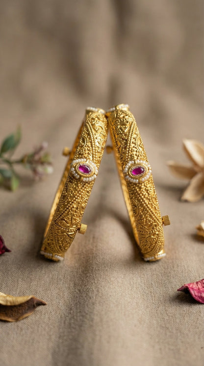 Main display view of the traditional Parul Plain Gold look Swaroski Bangles (Openable)