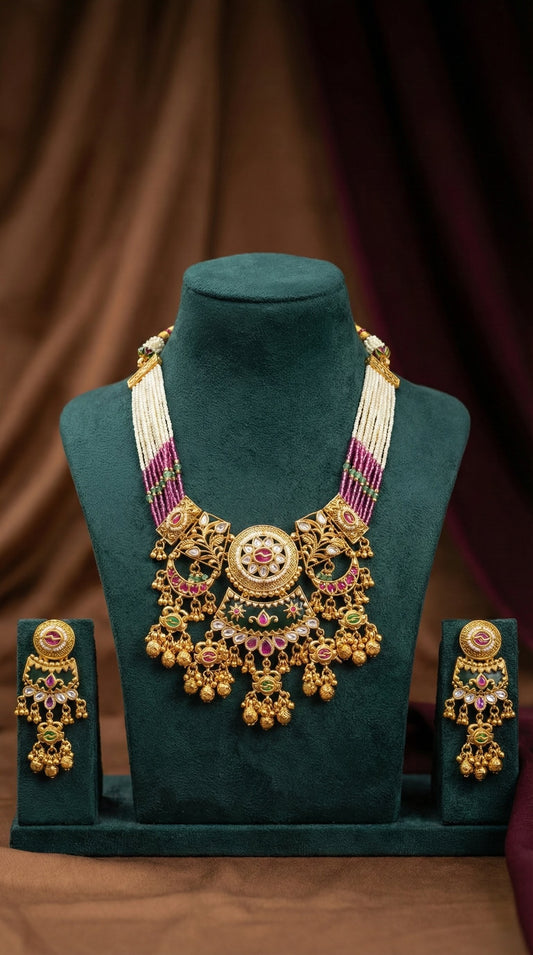 Detailed craftsmanship close up view of Sanjana Premium Heritage Necklace Set