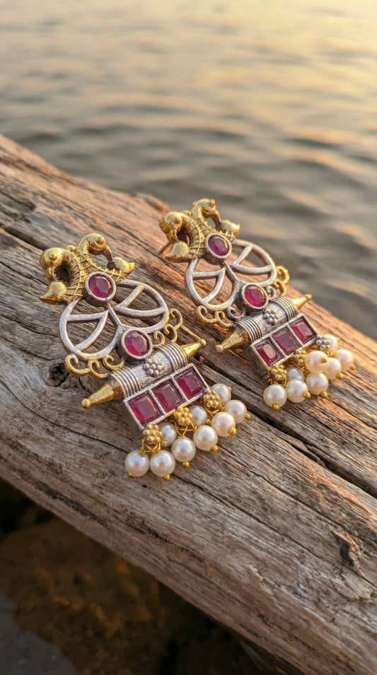 Detailed craftsmanship close up view of Shubhra Oxidised Double Tone Earrings