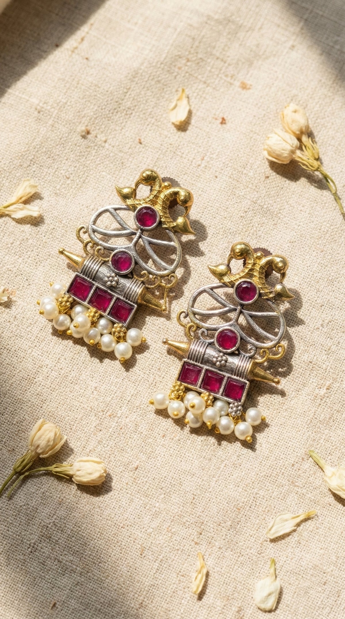 Main display view of the traditional Shubhra Oxidised Double Tone Earrings