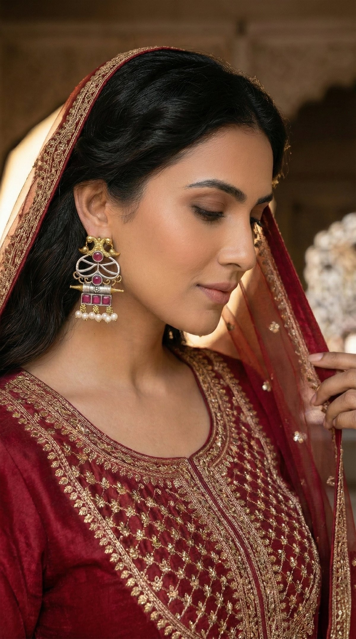 Alternate styling layout profile of Shubhra Oxidised Double Tone Earrings