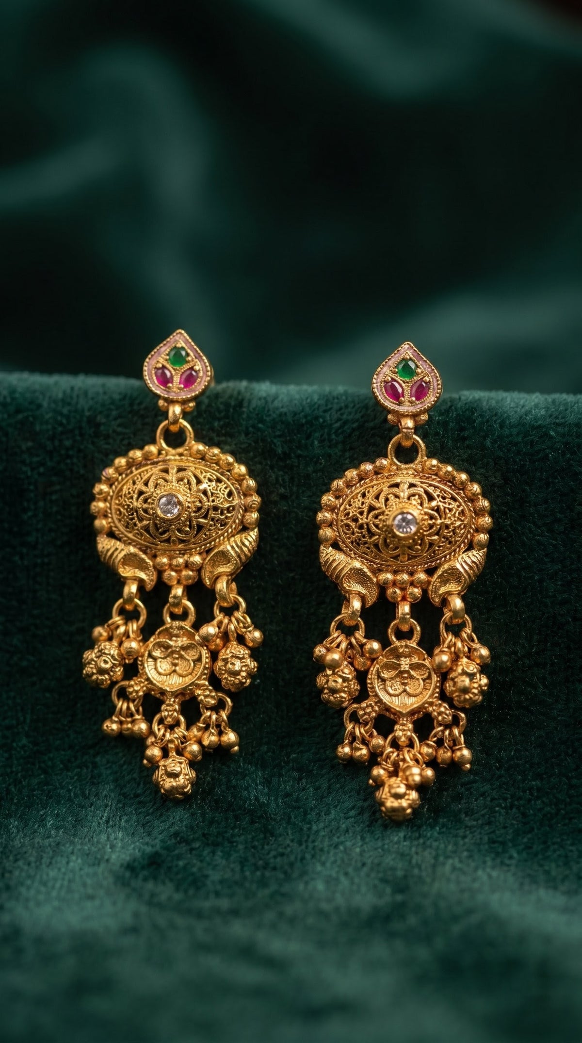 Matching antique gold Rajwadi earrings from Charita premium jewellery set