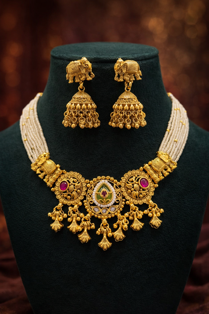 Detailed craftsmanship close up view of Mrunal Delicate Antique Necklace