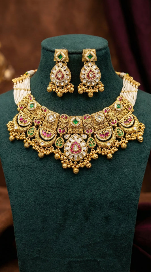 Detailed craftsmanship close up view of Raha Gold Look Heritage Necklace Set